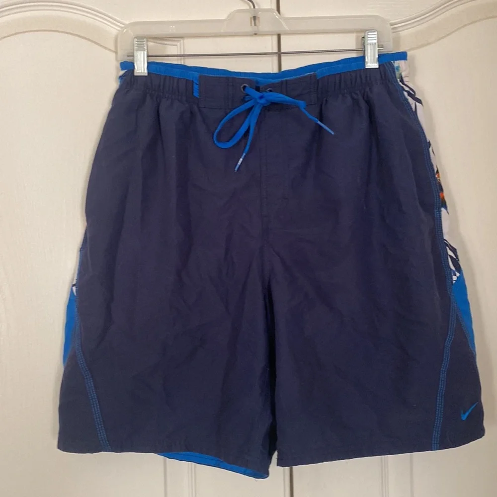 NIKE Swim Trunks Blue Tropic Floral Color Block Lined L Large EUC $64